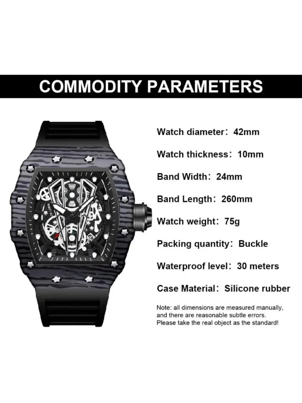 Men's All Black Analog Quartz Silicone Strap Barrel-Shaped Skeleton Luxury Watch